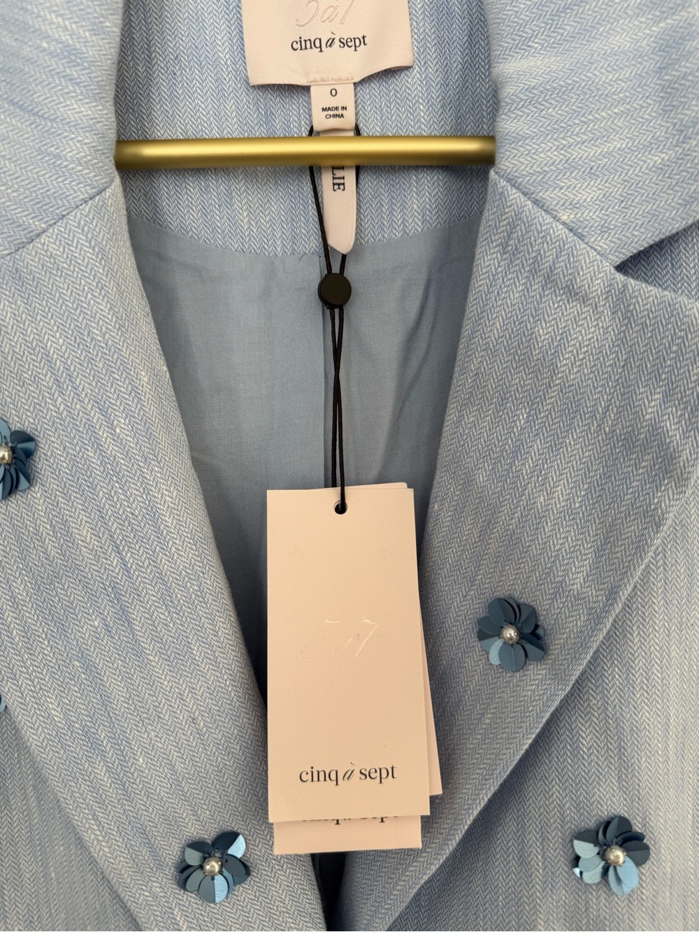 cinq a sept Light Blue Linen-Blend Blazer with flower embellishments - Picture 5 of 16